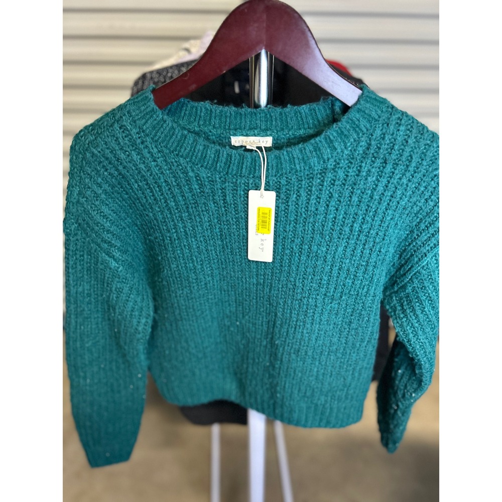 Copper Key Sweater Women L Teal Ribbed Knit Cropped Crew Neck Long Sleeve NEW